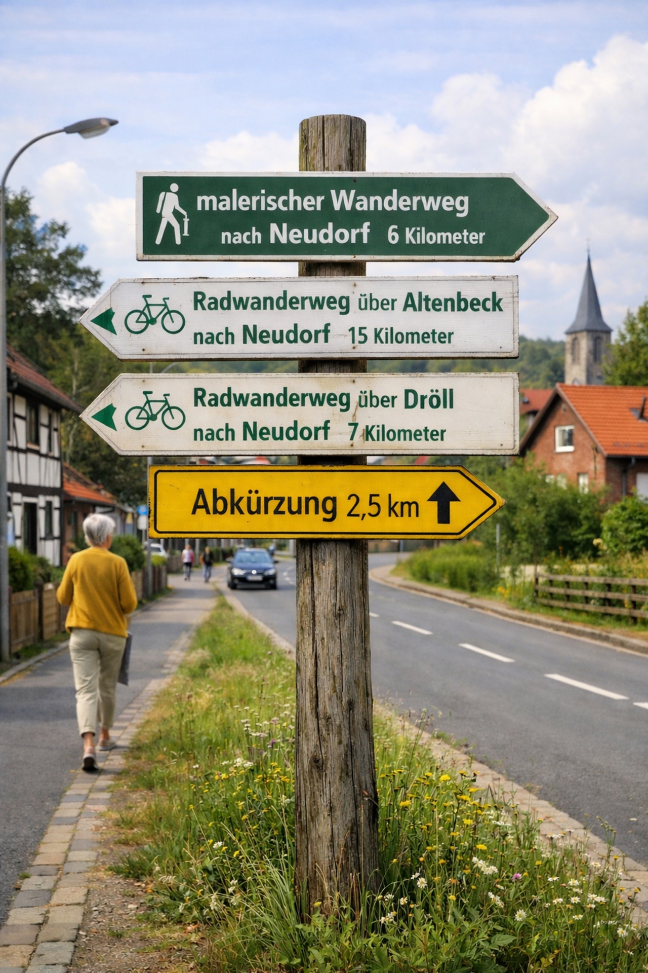 Symbolbild: Richtungsschilder. Eins davon zeigt die Abkürzung an. KI-generiert.